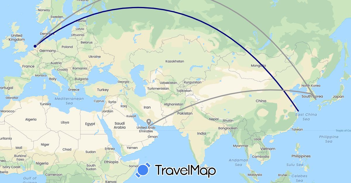 TravelMap itinerary: driving, plane in United Arab Emirates, China, South Korea, Netherlands (Asia, Europe)